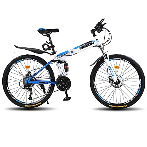 Folding Mountain Bike : LZHi1 26 Inch Adult Mountain Bike For Men And Women, 27 Speed Mountan Bicycle With Full Suspension Disc Brake, High Carbon Steel Foldable Urban Commuter City Bicycle(Color:White blue)