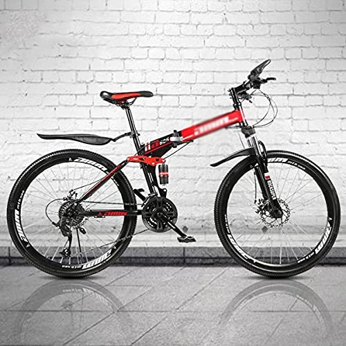 Folding Mountain Bike : MENG 26 inch 21 / 24 / 27 Speed Folding Mountain Bike High Carbon Steel Full Suspension MTB Bicycle for Adult Double Disc Brake Outroad Mountain Bicycle for Men Women(Size:27 Speed, Color:White) / Red / 24 Sp