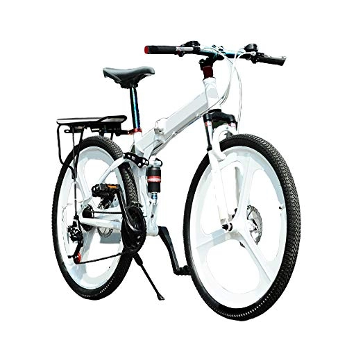 Folding Mountain Bike : MH-LAMP Suspension Folding Bike, Bike 24 Speed 26 Inch, Full Suspension Mountain Bikes, Dual Disc Brake, Aluminum Frame, White