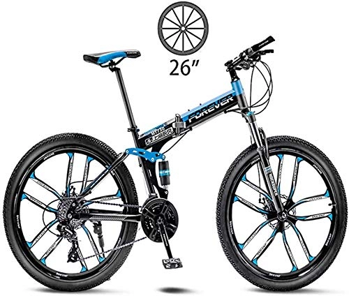 Folding Mountain Bike : Mountain Bike, 26In Foldable Trekking Bicycle Cross Trekking Bikes Unisex Outdoor Carbon Steel Bicycle Full Suspension MTB Double Disc Brake-21 speed_Blue