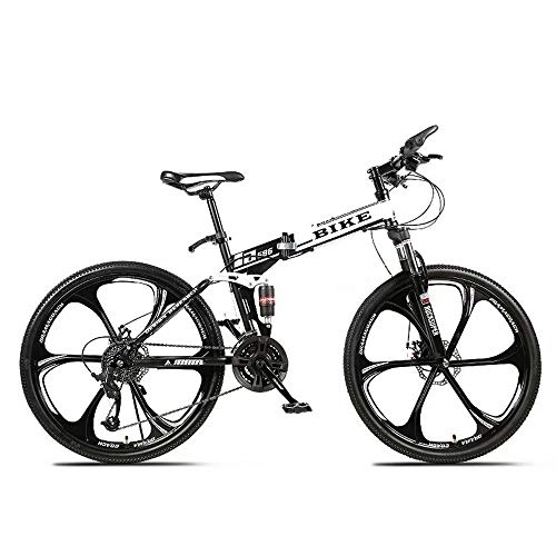 Folding Mountain Bike : Mountain Bike, Foldable MountainBike 24 / 26 Inches, MTB Bicycle with 6 Cutter Wheel, White