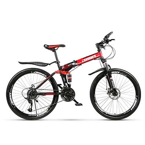 Folding Mountain Bike : Mountain Bike High-carbon Steel Frame Bicycle Fork Suspension 40 Spoke Wheels Double Disc Brakes Bicycle Fold Racing Bicycle Outdoor Cycling, Red, 21-Speed