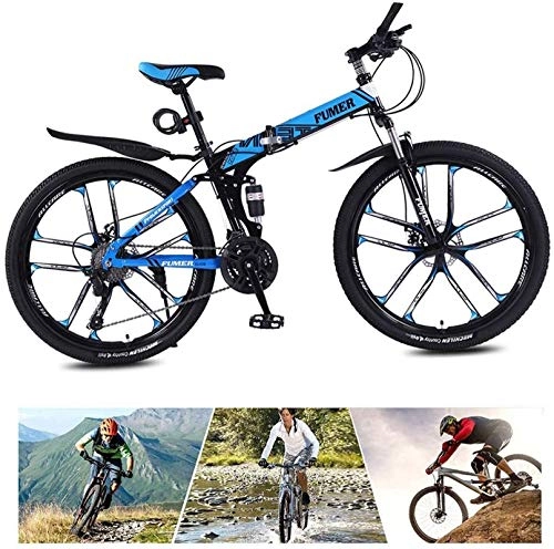 Folding Mountain Bike : Mountain Bikes, 24 Speed Bicycle Full Suspension Mtb Bikes, Folding Mountain Bike, High Carbon Steel City Bicycle Dual Disc-brake For Men Women，24 / 26 Inch Wheels (Color : Black blue, Size : 24inch) Allo