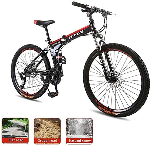Folding Mountain Bike : Mountain Bikes, 26 Inch Folding Mountain Bike, Full Suspension Road Bikes With Disc Brakes, 21 / 24 / 27 Speed Bicycle Full Suspension MTB Bikes Bicycles For Adult Teens ，black (Color : Black red) Alloy f