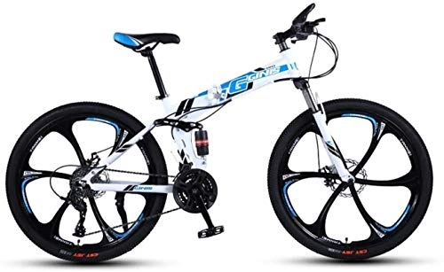 Folding Mountain Bike : Mountain Bikes, 26 inch folding mountain bike with double shock absorber racing off-road variable speed bicycle six cutter wheels Alloy frame with Disc Brakes ( Color : White blue , Size : 27 speed )