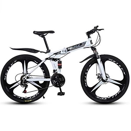 Folding Mountain Bike : Mountain Bikes, Foldable Hardtail Bicycles, Carbon Steel Frame, Dual Disc Brake and Double Suspension (Color : White, Size : 21 Speed)