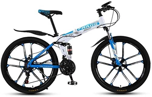 Folding Mountain Bike : Mountain Bikes, Folding mountain bike 24 inch double shock-absorbing cross-country / variable speed mountain bike ten cutter wheels Alloy frame with Disc Brakes ( Color : White blue , Size : 24 speed )