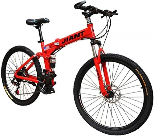 Folding Mountain Bike : Mountain Bikes, Folding Mountain Bike, Full Suspension Road Bikes With Disc Brakes, 21 / 24 Speed Bicycle Full Suspension MTB Bikes For Men / Women Black, Red, Yellow, Green (Color : Red, Size : 21 speed)