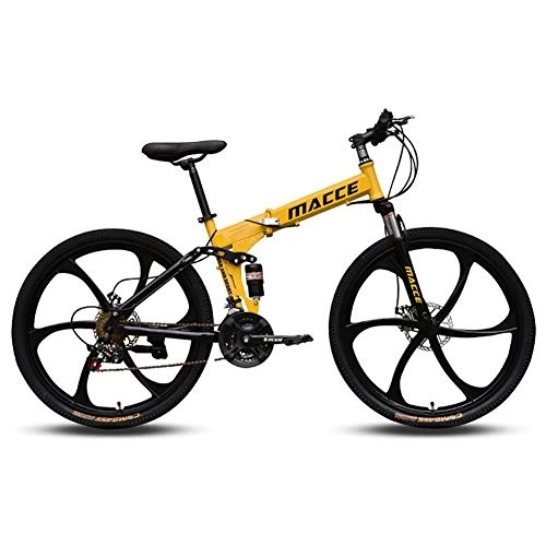 Folding Mountain Bike : MSM Furniture Folding Mountain Bikes, Dual-suspension Adult Mountain Bike, Men's Disc Brake All Terrain Mountain Bicycle Yellow 26", 21-speed