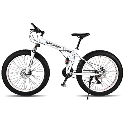 Folding Mountain Bike : new mountain double-layer steel bicycle folding frame 24 speeds Shimano mechanical disc brakes 26"x4.0 Fat Bike (White, 24 speed)