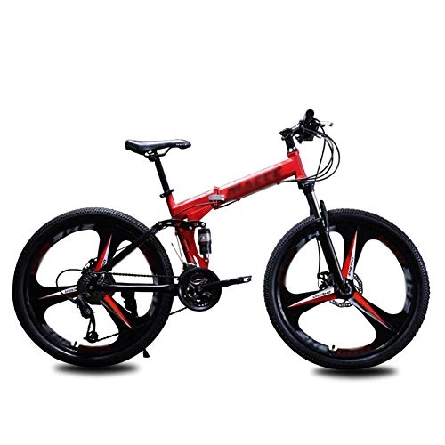 Folding Mountain Bike : NXX Mountain Bike Shock Absorption Foldable Mountain Bike 24 Inches, MTB Bicycle with 3 Cutter Wheel for Adult, Lightweight Aluminum Full Suspension Frame, Suspension Fork, Disc Brake, Red, 21 speed