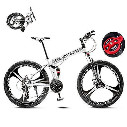 Folding Mountain Bike : NYANGLI Mountain Bike Carbon Steel Foldable Bicycle Fork Suspension 3 Spoke Wheels Double Disc Brakes Bicycle Racing Bicycle Outdoor Cycling (26'', 21 / 24 / 27 Speed), White, 27speed