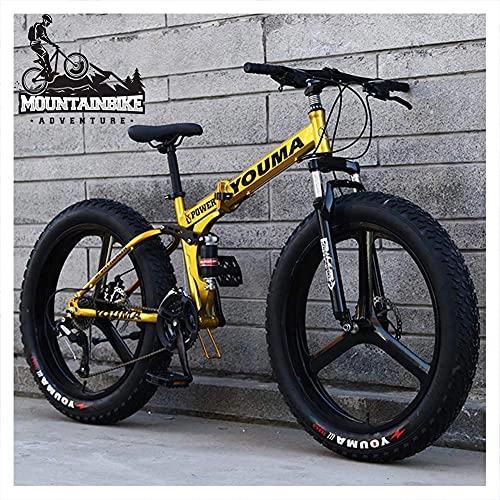 Folding Mountain Bike : NZKW Dual Suspension Mountain Trail Bike with Dual Disc Brake for Men & Women, Adults Boys Girls Anti-Slip Fat Tire Mountain Bicycle, Foldable High Carbon Steel Frame, Gold, 26 Inch 21 Speed