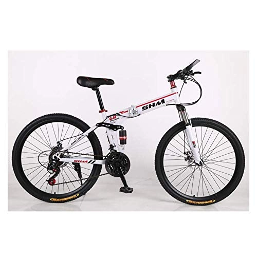 Folding Mountain Bike : Outdoor sports Dual Suspension / Disc Brakes 21 Speed Mountain Bike High Carbon Steel Folding Frame, White / Red, 26 Inch