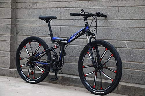 Folding Mountain Bike : Pakopjxnx 21 speed folding mountain bike 24 and 26 inch bicycle double disc brakes, black blue 10 knife, 26inch