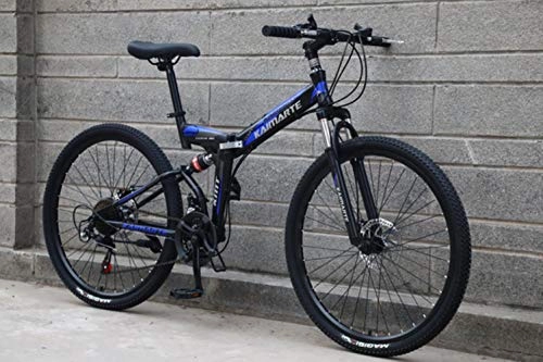 Folding Mountain Bike : Pakopjxnx 21 speed folding mountain bike 24 and 26 inch bicycle double disc brakes, black blue F, 24inch