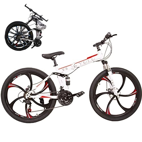 Folding Mountain Bike : Portable Folding Bike for Adults Foldable Adult Bicycles Folding Mountain Bike with Suspension Fork 26inch Gears Folding Bike Folding City Bike High Carbon Steel Frame, White / 6, 27