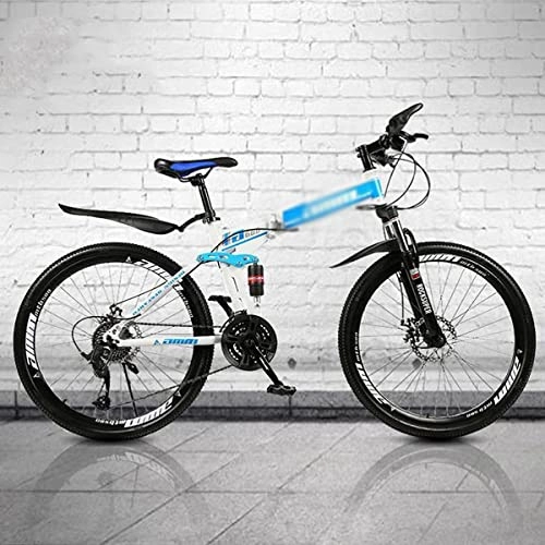 Folding Mountain Bike : Professional Racing Bike, Mountain Bike 21 / 24 / 27 Speed Steel Frame 26 Inches 3 Spoke Wheel Dual Suspension Folding Bike for Men Woman Adult and Teens / White / 21 Speed ( Color : Blue , Size : 24 Speed )