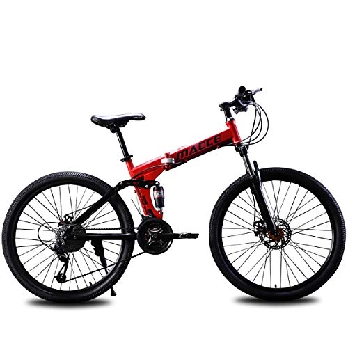 Folding Mountain Bike : PXQ Adults Folding Mountain Bike 21 / 24 / 27 Speeds Dual Disc Brakes Double Shock Absorption Off-road Bicycle 24 / 26 Inch with High Carbon Soft Tail Frame, Red, C26Inch21S