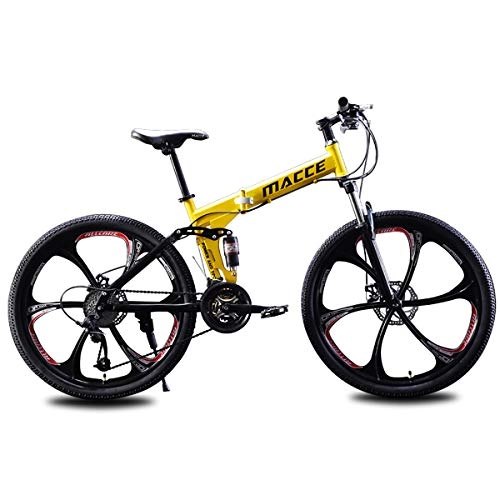 Folding Mountain Bike : PXQ Adults Folding Mountain Bike 21 / 24 / 27 Speeds Dual Disc Brakes Double Shock Absorption Off-road Bicycle 24 / 26 Inch with High Carbon Soft Tail Frame, Yellow, B24Inch21S