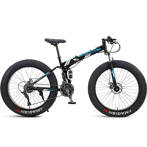 Folding Mountain Bike : PY 24 inch Folding Mountain Bike with Full Suspension High Carbon Steel Frame, Mens Fat Tire Mountain Bik with 7 / 21 / 24 / 27 / 30 Speed, Double Disc Brake and 4-Inch Wide Knobby Tires / Black Blue / 24Inch 7Sp