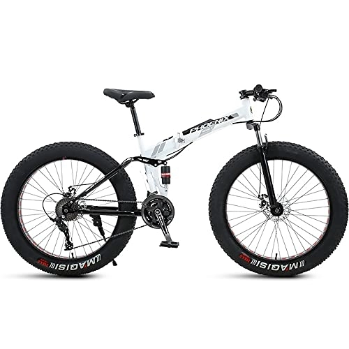 Folding Mountain Bike : PY 24 inch Folding Mountain Bike with Full Suspension High Carbon Steel Frame, Mens Fat Tire Mountain BIK with 7 / 21 / 24 / 27 / 30 Speed, Double Disc Brake and 4-Inch Wide Knobby Tires / White / 24Inch 24Speed