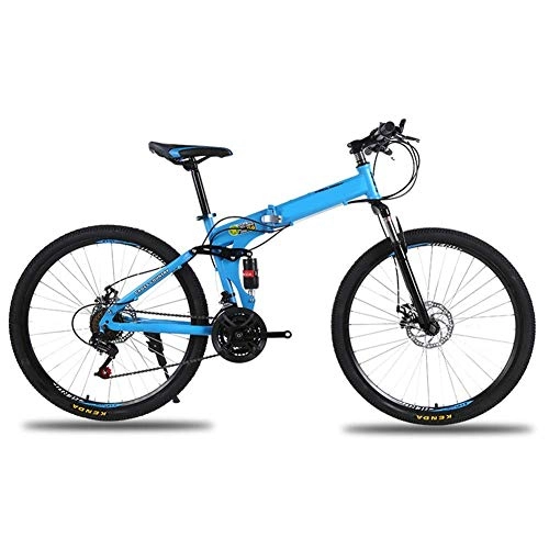 Folding Mountain Bike : PYROJEWEL Outdoor sports 21Speed Folding Mountain Bike, Full Suspension Bicycles, Carbon Steel Frame, Dual Disc Brake, 26inch Wheels Mountain Bike Outdoor sports (Color : Blue)