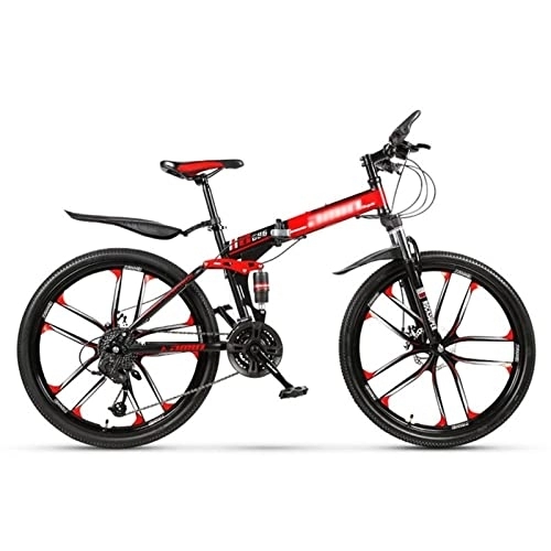 Folding Mountain Bike : QCLU 26 Inch Folding Sports / Mountain Bike 10 Cutter, Black& Red, Disc Brakes Hardtail MTB, Trekking Bike Men Bike Girls Bike (Size : 30-Speed)