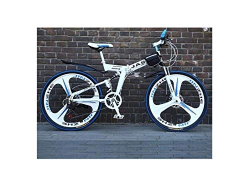 Folding Mountain Bike : QGQ Folding Mountain Bike 21 Speed Unisex Dual Suspension Mountain Bike High-Carbon Steel 24 inch 26 inch Integral Wheel Double Disc Brake Bicycle, White, 21 Speed