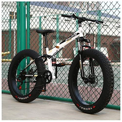 Folding Mountain Bike : QIMENG 20 Inch Mountain Bike Folding Beach Snowmobile Bicycle Fat Tire 7 / 21 / 24 / 27 Speed Drivetrain Mens Women Carbon Steel Bicycle Dual Suspension Folding Suitable for 135-165Cm, White, 24 speed