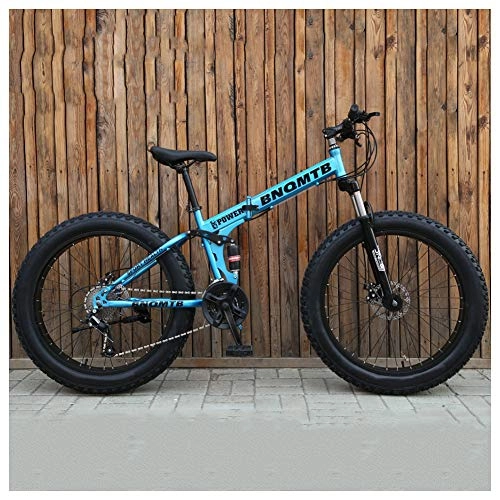 Folding Mountain Bike : QIMENG 24 Inch Mountain Bike Folding Adult Mountain Bike Fat Tire All Terrain Mountain Bike Dual Suspension Frame High-Carbon Steel Framem Off-Road Suitable for 165-180Cm, Blue, 27 speed