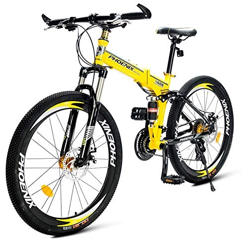 Folding Mountain Bike : Qj Folding Mountain Bikes, 21-Speed Dual Suspension Alpine Bicycle, Dual Disc Brake High-Carbon Steel Frame Anti-Slip Bikes, Bicycle, Yellow