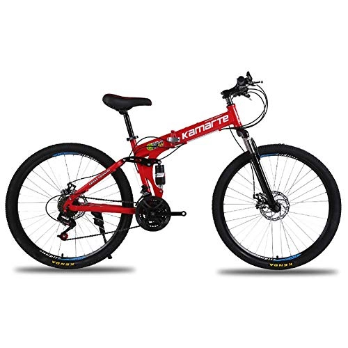 Folding Mountain Bike : Qj Mountain Bike Folding Bike 24 Inch High-carbon Steel Frame Double Suspension Disc Brake Folding Bike, Red, 24Speed