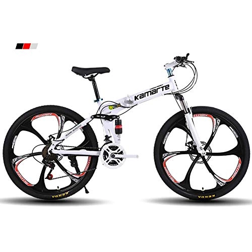 Folding Mountain Bike : Qj Mountain Bike Folding Frame, 24 inch 6-Spoke Wheels MTB Bike, Dual Suspension Bike with Disc Brakes, White, 24Speed