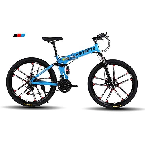 Folding Mountain Bike : Qj Mountain Bike Speed High-carbon Steel Frame 26 Inches 10-Spoke Wheels Dual Suspension Folding Bike with Disc Brakes, Blue, 27Speed