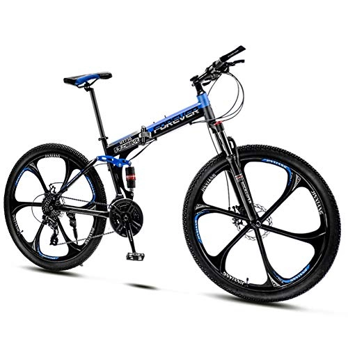 Folding Mountain Bike : QMMD Folding Mountain Bikes, 24-Inch Full Suspension Bicycle, Adult Mountain Trail Bike with Dual Disc Brake, 21-24-27-30- Speeds Anti-Slip Bikes, Bikes, blue 6 Spoke, 21 speed