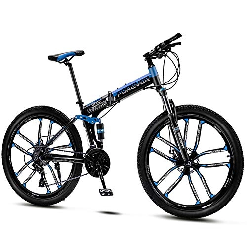 Folding Mountain Bike : QMMD Mountain Bikes Adult, 26-Inch Folding Mountain Trail Bike, Dual Disc Brake Mountain Bicycle, 21-24-27-30-Speed Anti-Slip Bikes, Full Suspension Road Bike, blue 10 Spoke, 27 speed