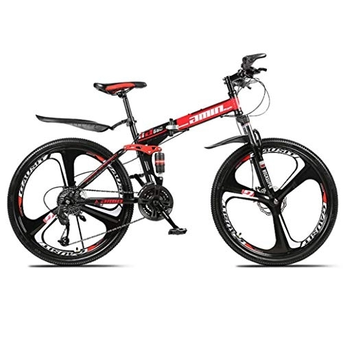 Folding Mountain Bike : RPOLY 21-Speed Mountain Bike Folding Bikes, Double Shock Absorption, Adult Folding Bicycle, Off-road Variable Speed Bike with 3-Spoke Wheels, Red_24 Inch