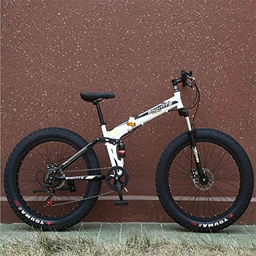 Folding Mountain Bike : Snow Bike Folding Double Shock Absorption Variable Speed Disc Brake Mountain Bike 4.0 Wide Wheel Fat Tire Mountain Bike Bicycle Adult Folding, White, 26inch