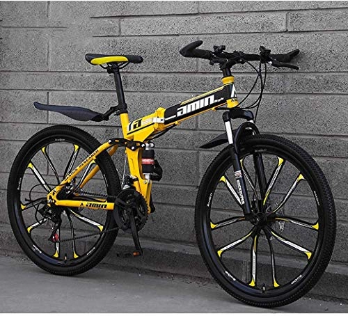 Folding Mountain Bike : Sooiy Mountain Bike Folding Bikes, 26Inch 24-Speed Double Disc Brake Full Suspension Anti-Slip, Lightweight Aluminum Frame, Suspension Fork, Yellow Bicicletas de carretera