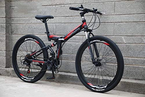 Folding Mountain Bike : Tbagem-Yjr 26 Inch Wheel Folding Mountain Bike For Adults, 21 Speed Double Disc Brake City Road Bicycle (Color : Black red)