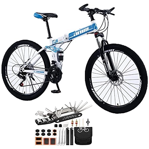 Folding Mountain Bike : Tbagem-Yjr 30 Speed MTB Mountain Bicycles Spoke Wheel 26in Folding Mountain Bike With Disc Brakes Full Suspension Outdoor Bicycle Tool Accessories (Color : Blue, Speed : 21speed)