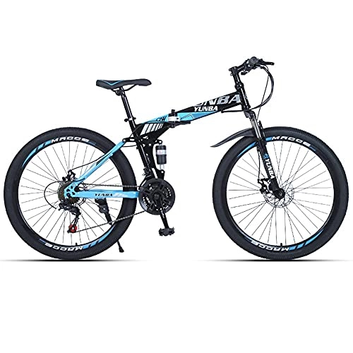 Folding Mountain Bike : TBNB Folding Mountain Bike for Men, 21-27 Speed Foldable Adult Mountain Bicycles with Disc Brakes, Lockable Full Suspension Front Fork, Womens Outdoor Road Bike (Blue 26inch / 21Speed)