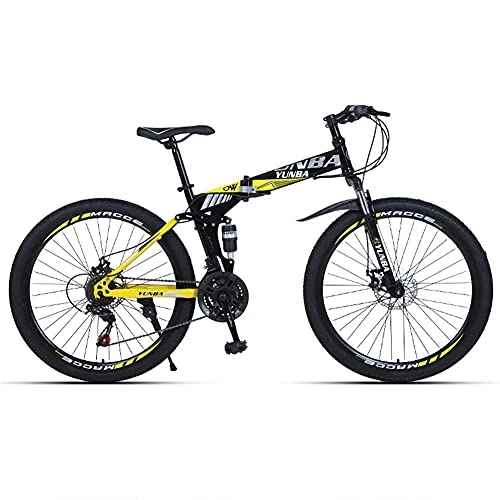 Folding Mountain Bike : TBNB Folding Mountain Bike for Men, 21-27 Speed Foldable Adult Mountain Bicycles with Disc Brakes, Lockable Full Suspension Front Fork, Womens Outdoor Road Bike (Yellow 26inch / 21Speed)