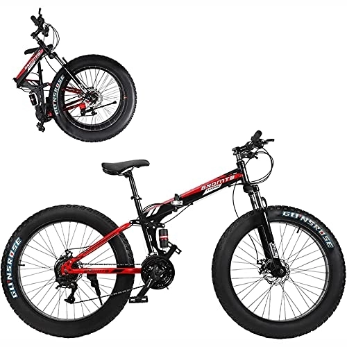 Folding Mountain Bike : UYHF 26-Inch Folding Fat Tire Mountain Bike for Beach Snow, 21 Speed Full Suspension Double Disc Brakes High Carbon Steel Frame red-27 Speed