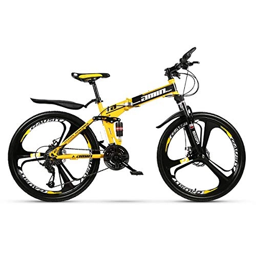 Folding Mountain Bike : W&TT Folding Mountain Bike Adults High Carbon Soft Tail Off-road Bicycle 21 / 24 / 27 / 30 Speeds Dual Disc Brakes Bike 24 / 26 Inch, Yellow, 26Inch30S