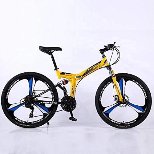 Folding Mountain Bike : WGYDREAM Mountain Bike, Collapsible 24" MTB Ravine Bike Oneness wheel Dual Disc Brake Mountain Bike Full Suspension 21 24 27 Speeds Carbon Steel Frame (Color : Yellow, Size : 24 Speed)