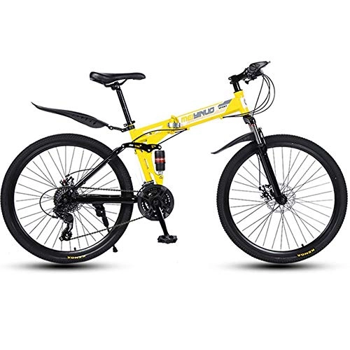 Folding Mountain Bike : WGYDREAM Mountain Bike, Collapsible Ravine Bike Full Suspension Bicycles Carbon Steel Frame Dual Disc Brake 26inch Spoke Wheels (Color : Yellow, Size : 21-speed)