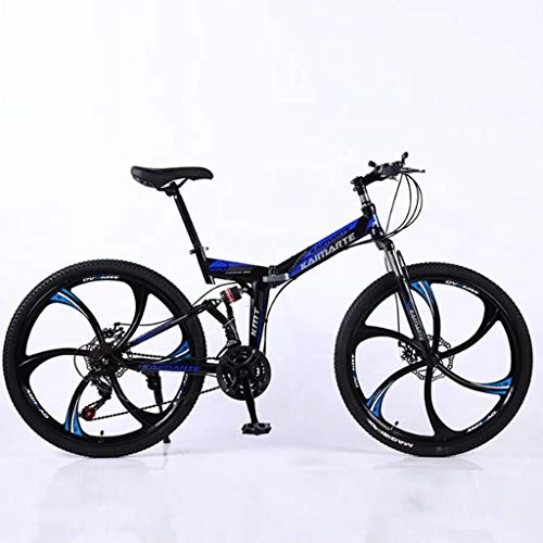 Folding Mountain Bike : WGYDREAM Mountain Bike, Foldable Mountain Bicycles 24 Inch 21 24 27 Speeds Carbon Steel Ravine Bike Dual Disc Brake Double Suspension (Color : Blue, Size : 21 Speed)