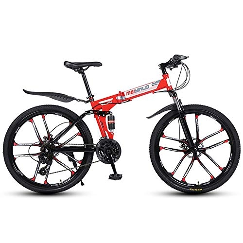 Folding Mountain Bike : WGYDREAM Mountain Bike, Mountain Bicycles Foldable Ravine Bike MTB Bike Dual Suspension and Dual Disc Brake, Carbon Steel Frame (Color : Red, Size : 21-speed)